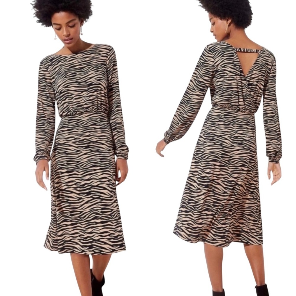 LOFT Women's Animal Print Tiger Stripes Bar Back Long Sleeve Dress Size 6 Petite